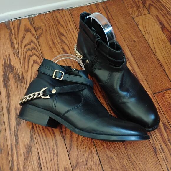 Steve Madden Black Ringo Leather Ankle Boots Size 8M Gold Braid 1in Biker Combat - Picture 1 of 17